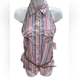 NWT One Step Up Pink and White Sleeveless Halter Blouse